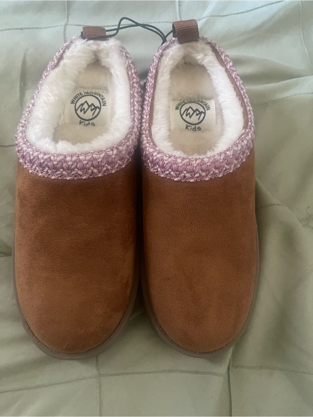White Mountain Brown Faux-Suede Kids Slip-On Slippers with Pink Trim